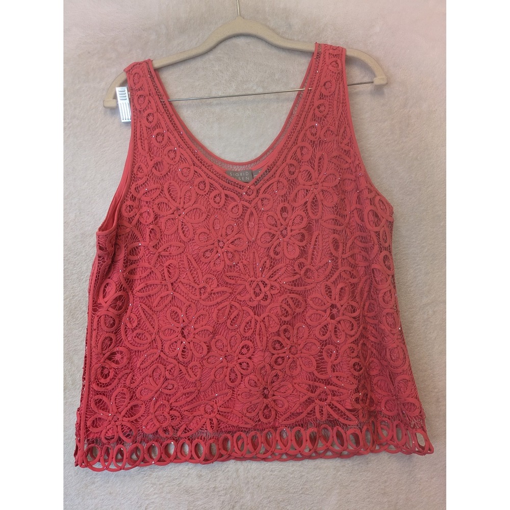 Sigrid Olsen Tank Top Women's XL Pink Silk Hand Knitted Beaded Floral Lace